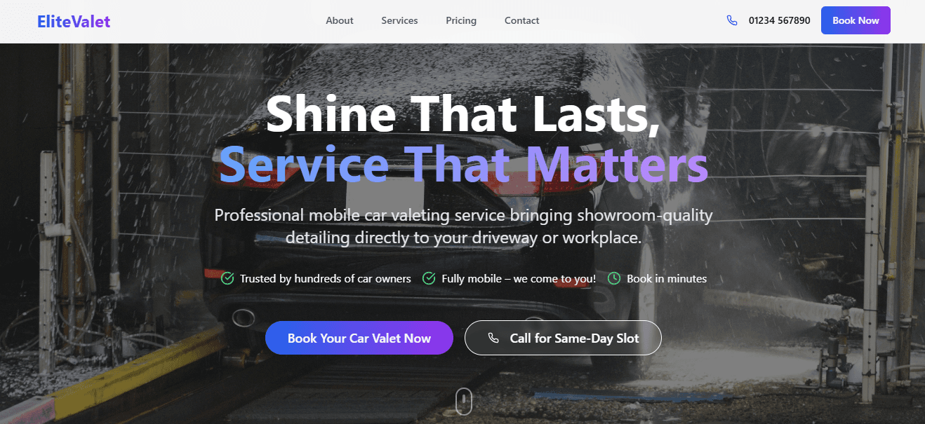 Preview of Car Valet Pro budget website template - Professional car valeting services website
